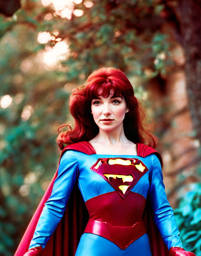 Woman in Supergirl costume with red cape and Superman emblem on blue suit against blurred green backdrop