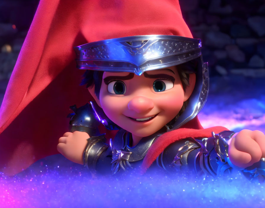 Smiling animated character in knight armor with red cape on glittery background