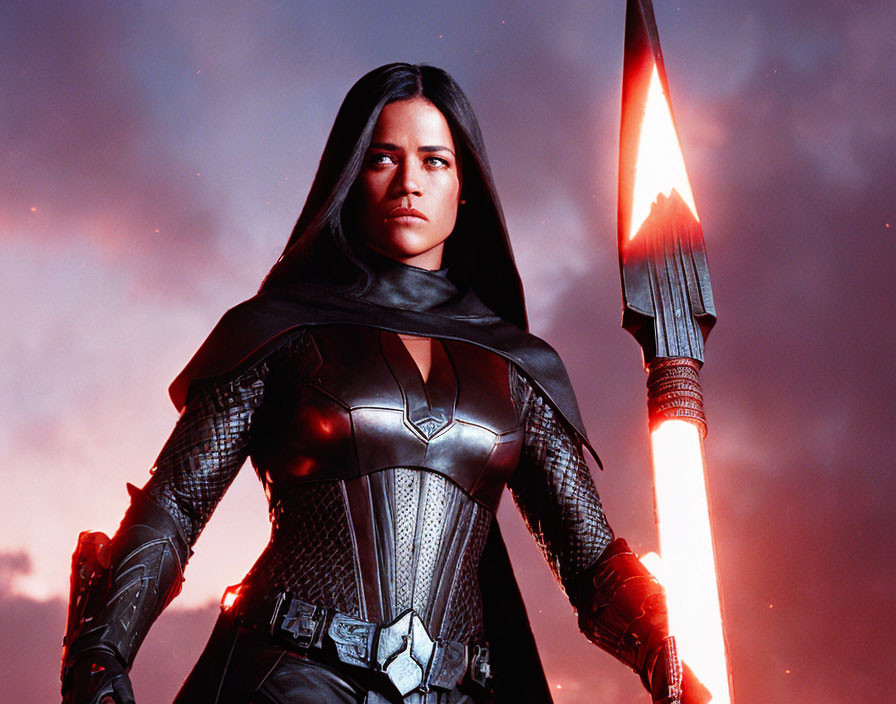 Futuristic woman in black armor suit with red-bladed weapon against dramatic sky