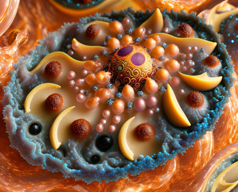 Colorful fractal art with central pattern and organic shapes in orange, yellow, and blue.