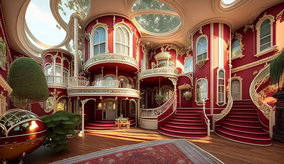 Opulent Victorian-style interior with grand staircases and ornate red and gold decor