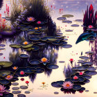 Digital artwork: Serene pond with lily pads, lotus flowers, koi fish, twilight