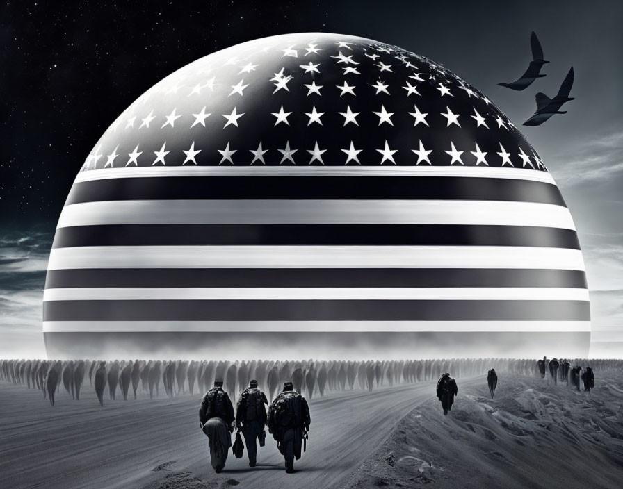 Giant American flag sphere with birds and people in surreal scene