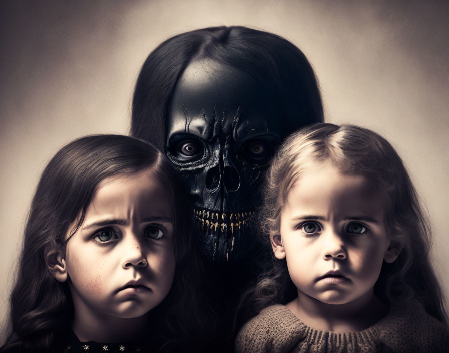 Artwork of two girls with skull-faced figure.