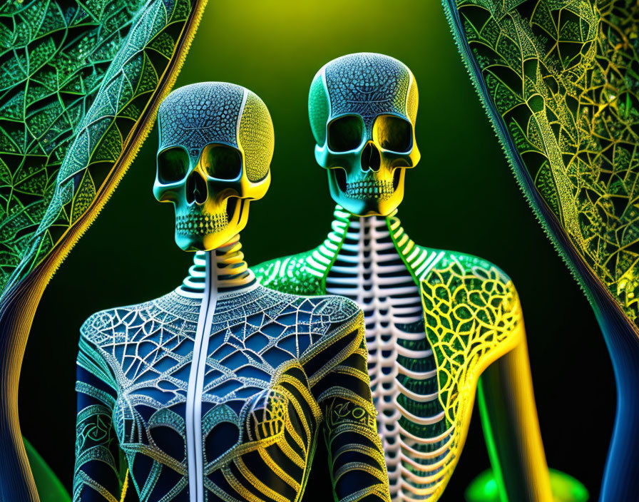 Neon-colored skeletal figures with stylized DNA strands