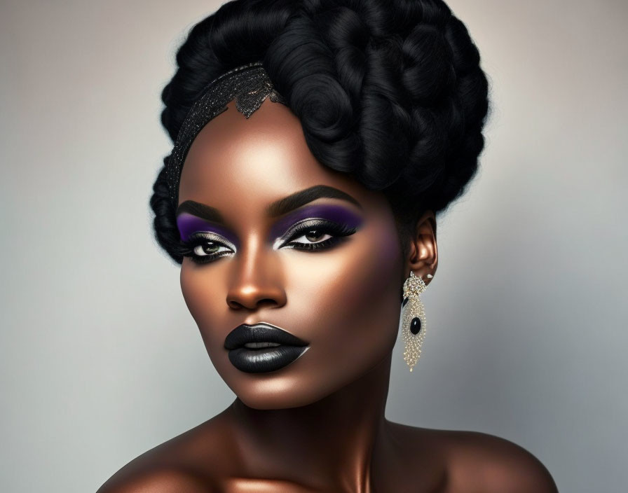 Bold Makeup Look with Purple Eyeshadow and Black Lipstick