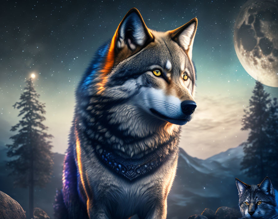 Majestic wolf under starry night sky with full moon