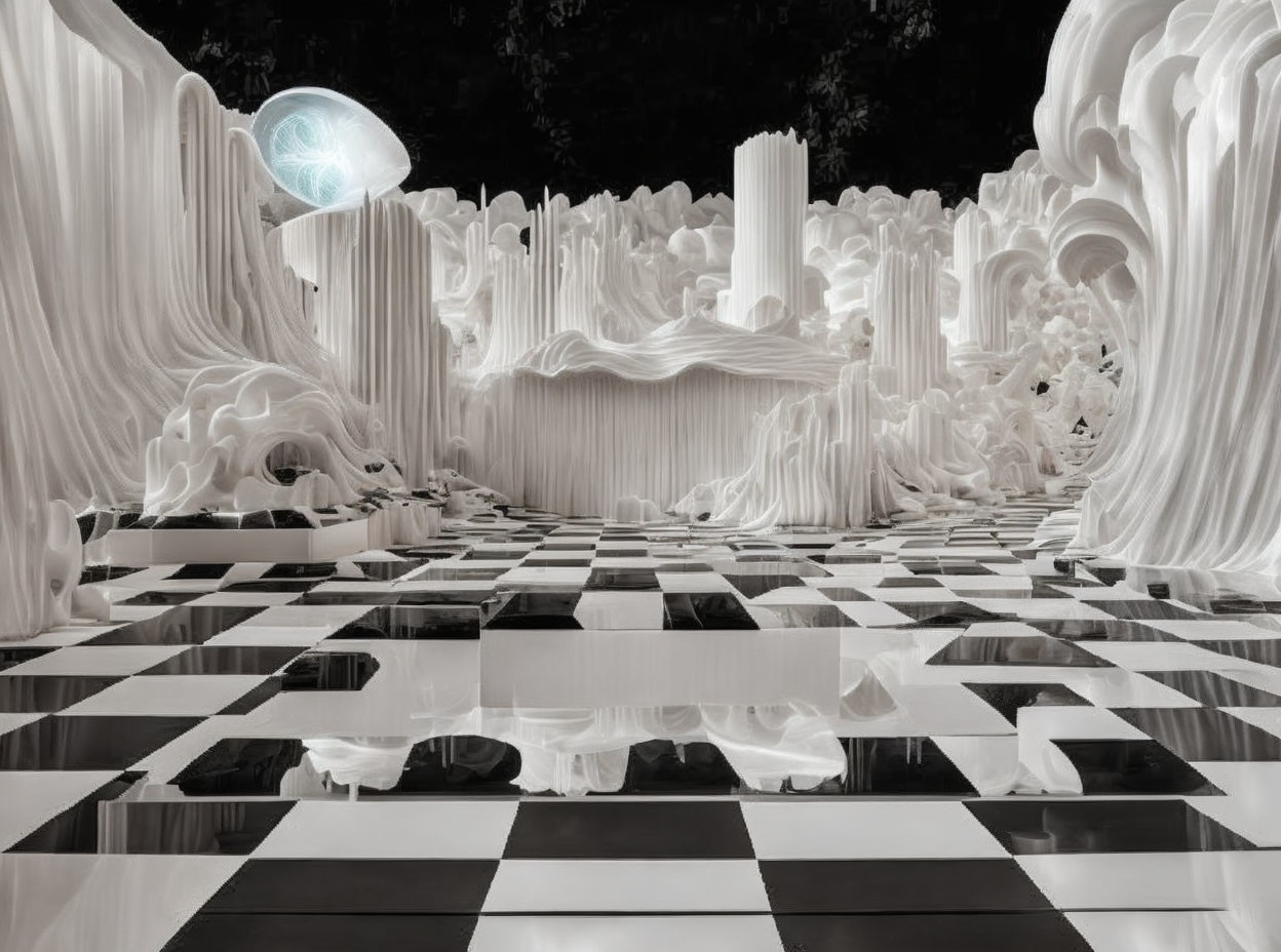 Surreal black and white checkered room with sculptural walls and glowing blue orb