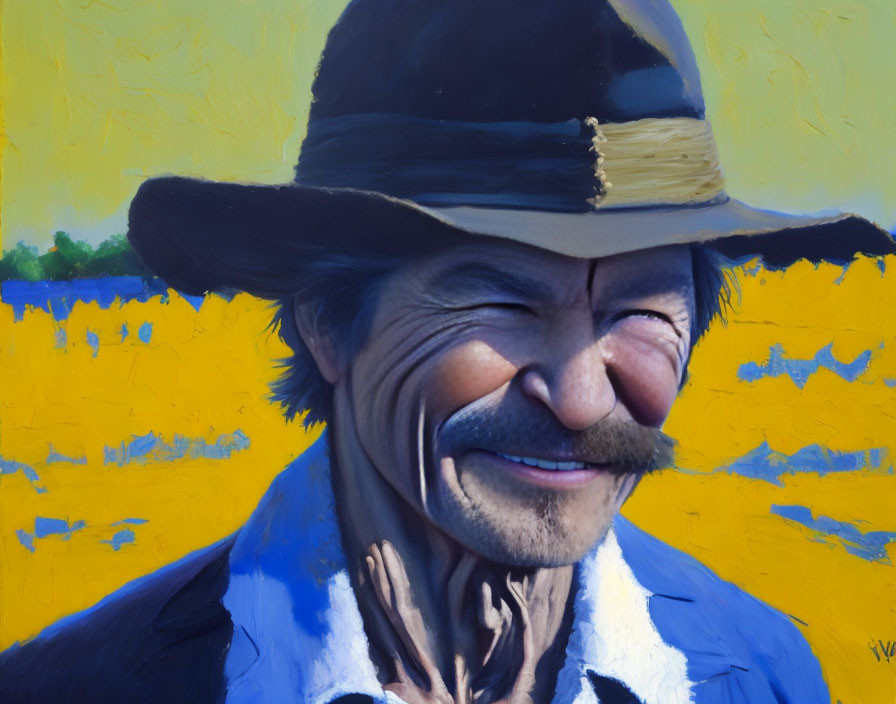 Smiling man with mustache in hat and blue shirt on yellow background