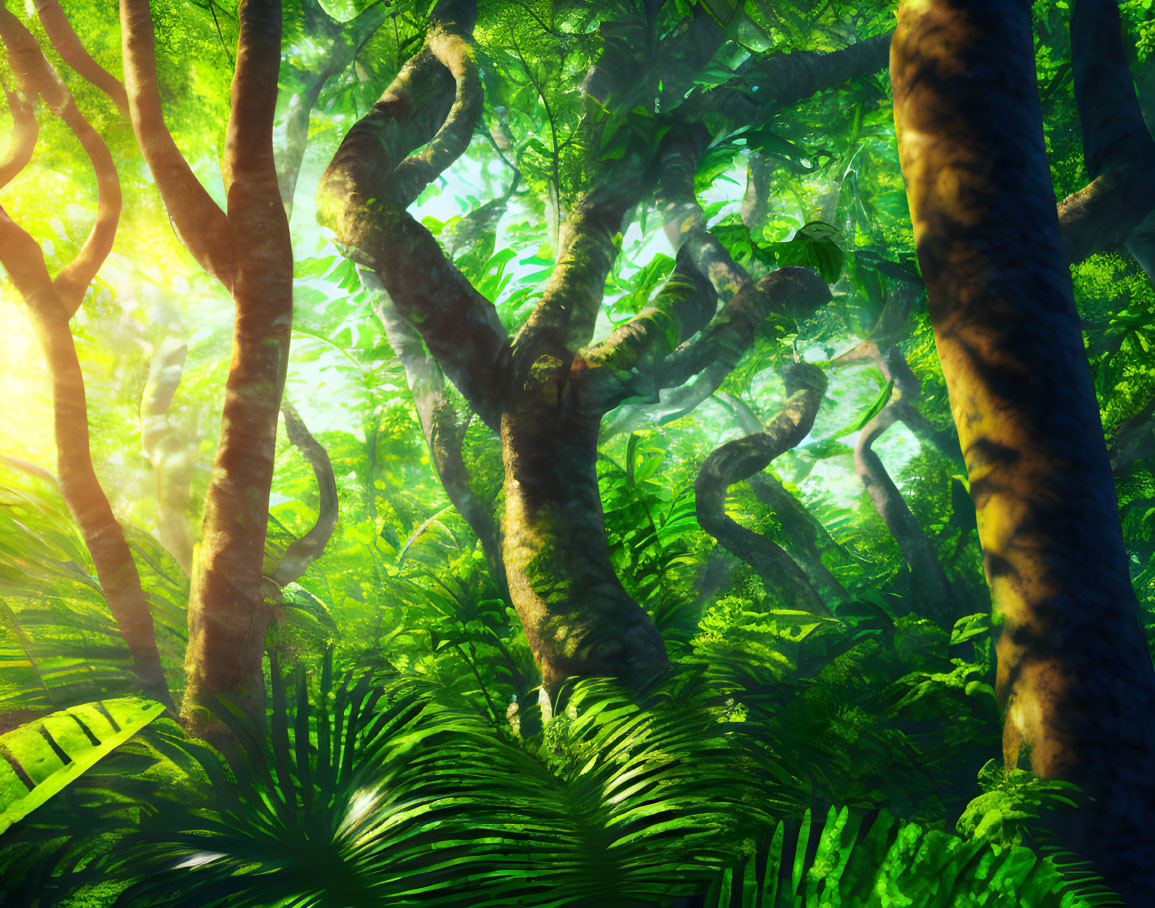 Twisted tree trunks in lush green forest with sun rays and vibrant underbrush