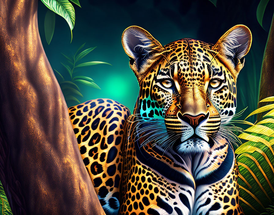 Vivid digital art: Jaguar in tropical foliage with green glow