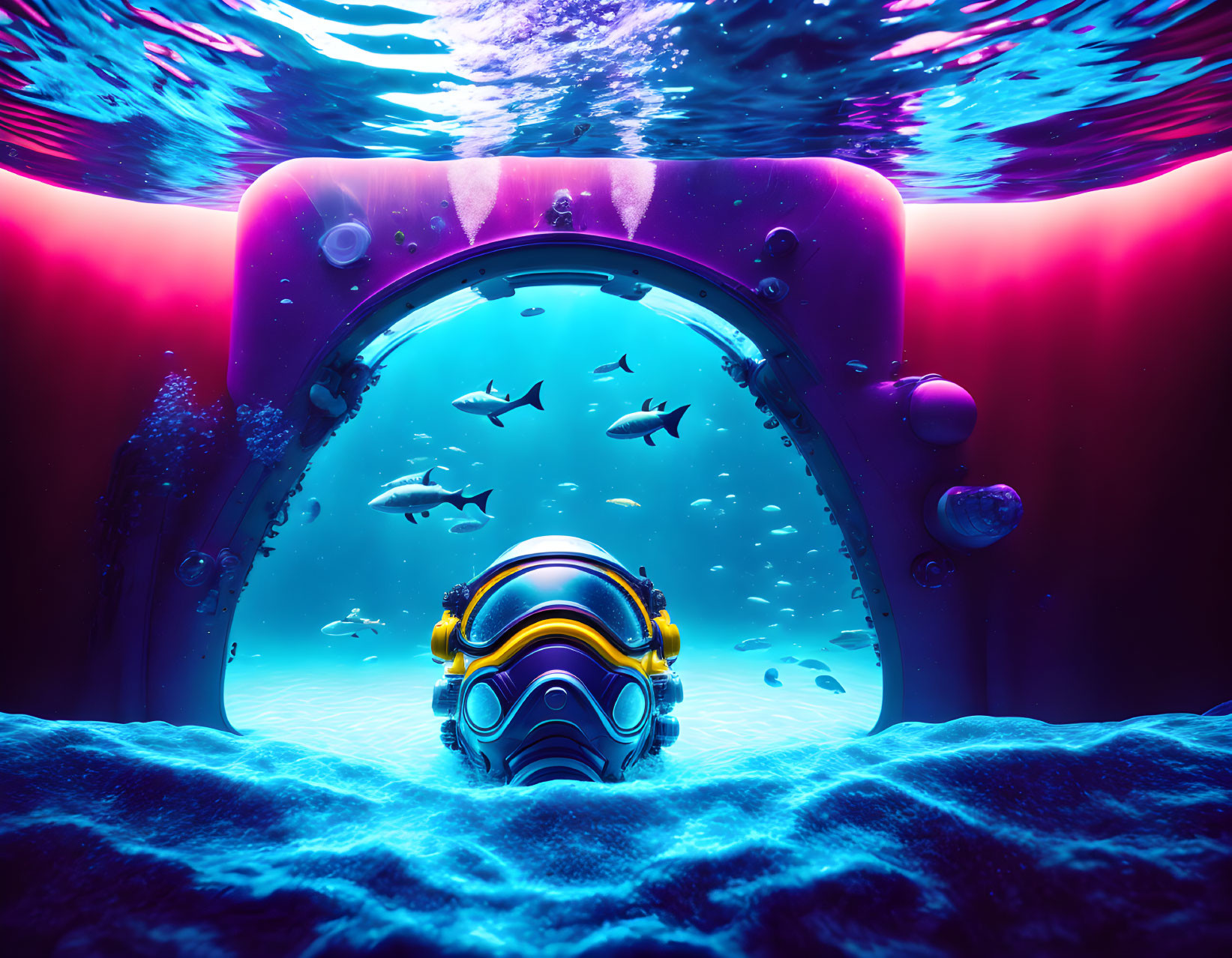 Person in Yellow Diving Mask Observes Fish in Submarine Window