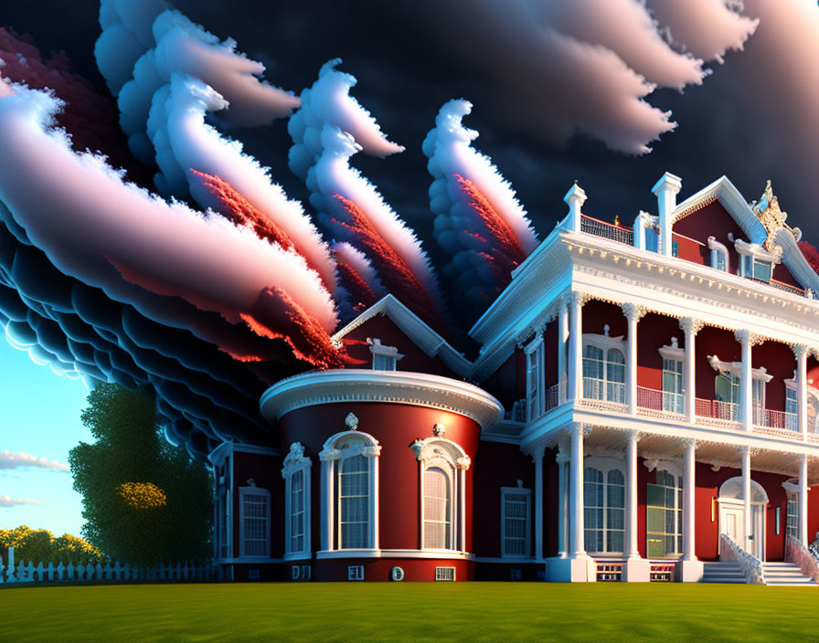 Surreal Victorian house under cloud-shaped sky