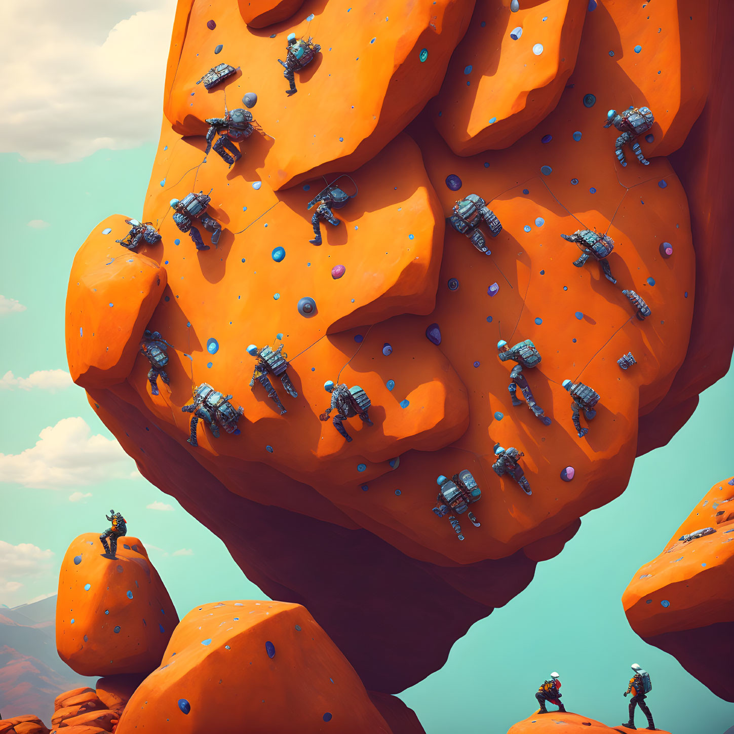 Robotic creatures climbing orange rocky cliff against blue sky