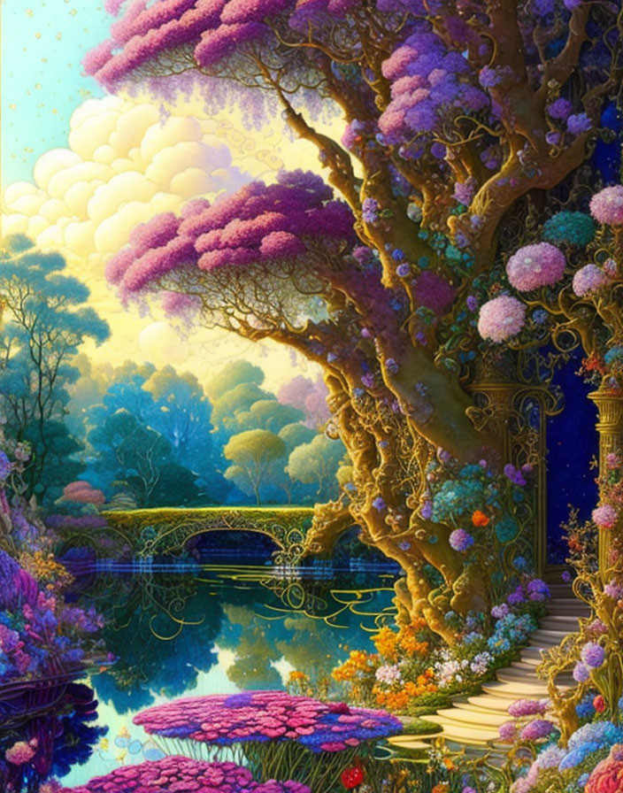 Fantastical landscape with purple foliage, pond, stone bridge, and starry sky