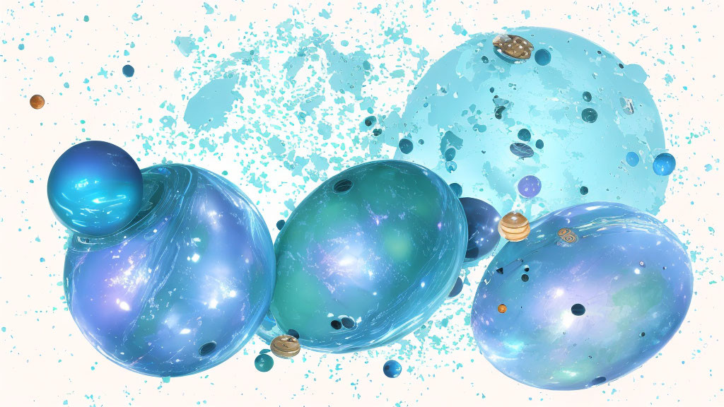 Translucent celestial bodies with swirling galaxies and planets in abstract illustration