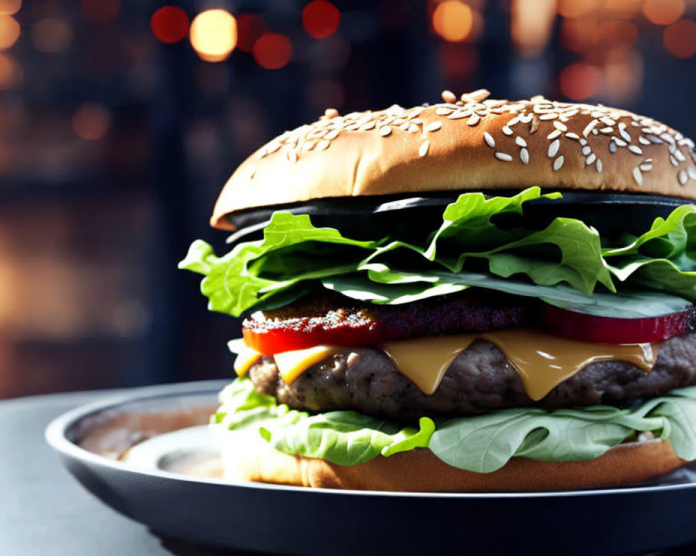 Classic Cheeseburger with Lettuce, Tomato, and Beef Patty on Sesame Seed Bun