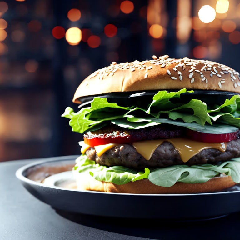 Classic Cheeseburger with Lettuce, Tomato, and Beef Patty on Sesame Seed Bun