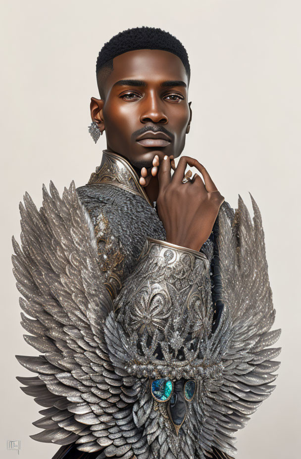 Dark-skinned person wearing silver winged shoulder armor in striking pose.