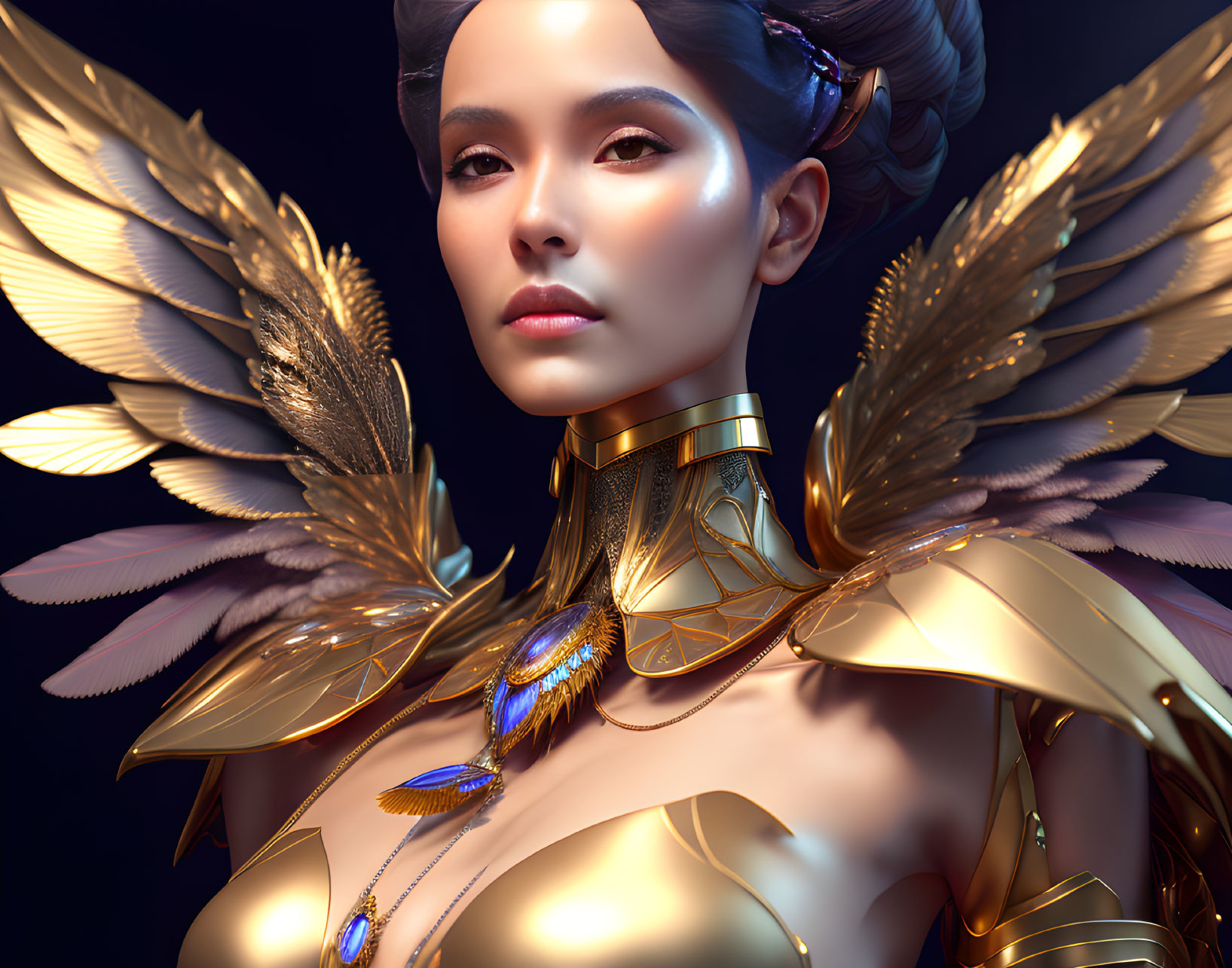 Golden-winged woman in armor with blue gemstones on dark backdrop