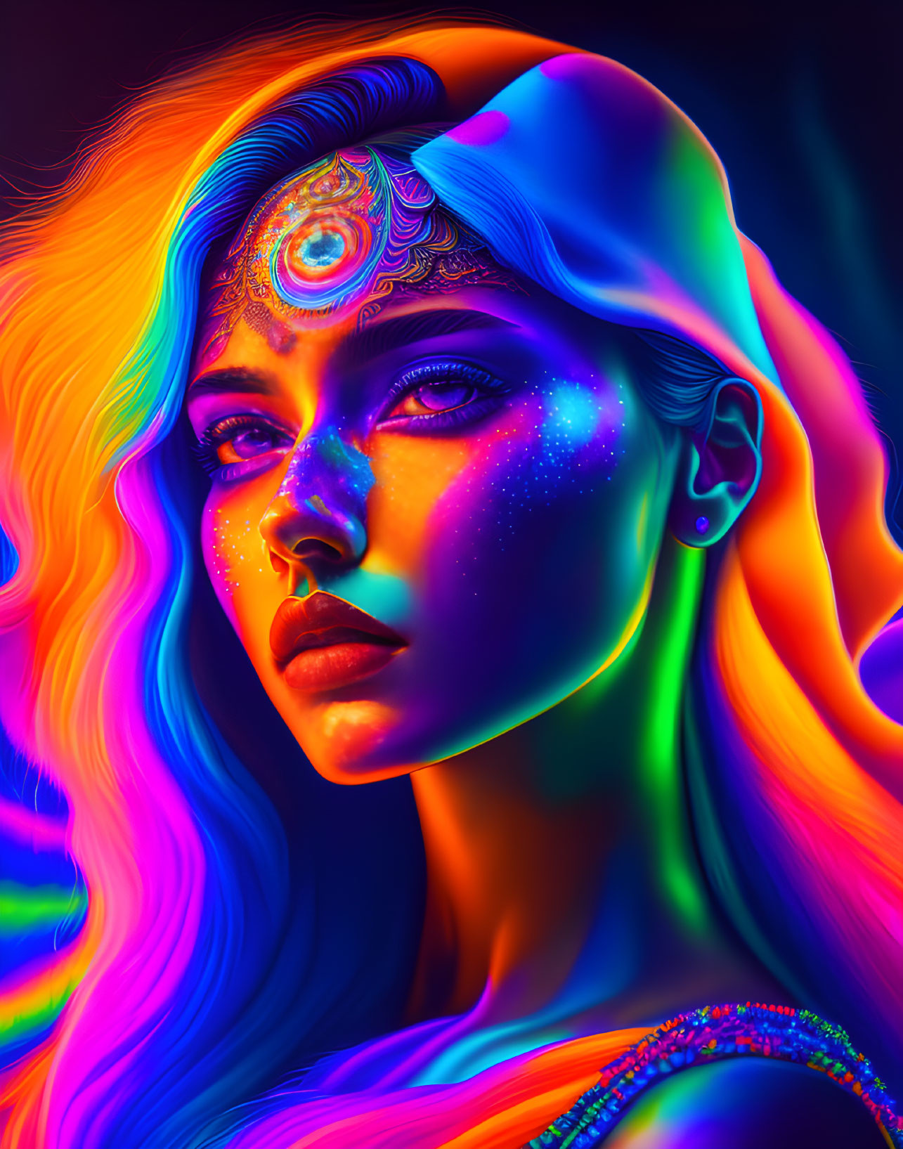 Colorful portrait of woman with third eye design and neon glow.