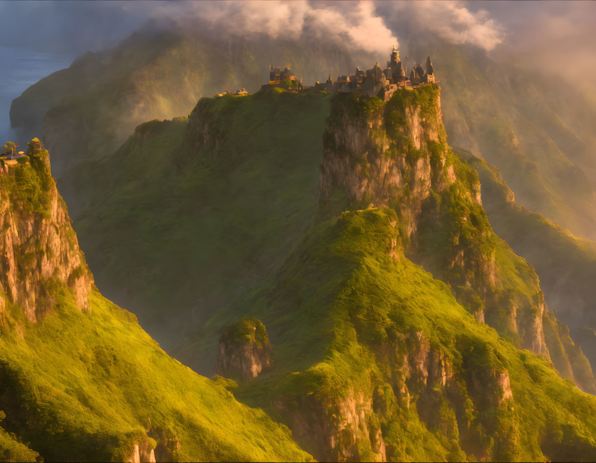 Majestic castle on green cliff with misty mountains