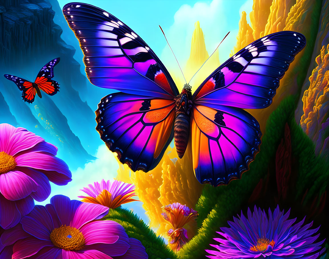 Colorful digital artwork: Large blue and purple butterfly surrounded by smaller ones, vibrant flowers and fantastical