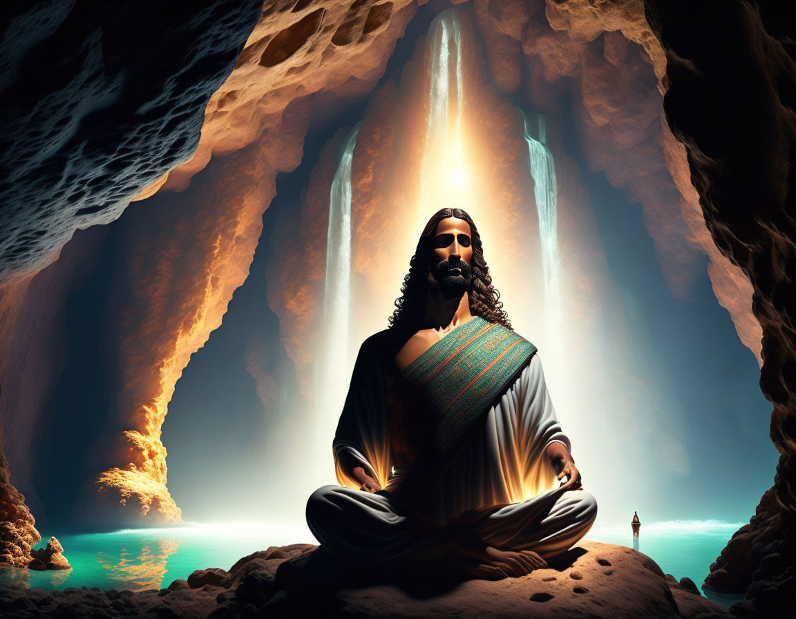 Digital artwork: Stylized figure meditating in cavern with light rays