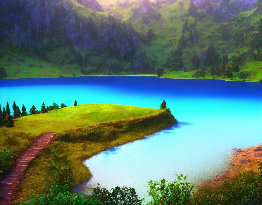 Scenic landscape: blue lake, green hills, peninsula, path