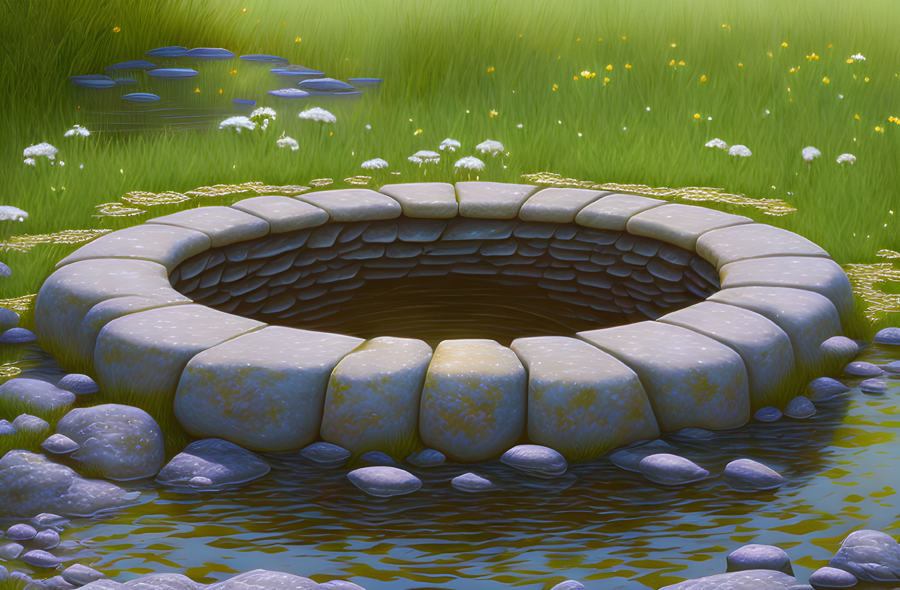 Digital artwork featuring stone well, lush green grass, dandelions, and pond with lilies