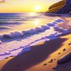 Tranquil beach scene at sunset with golden sky and gentle waves