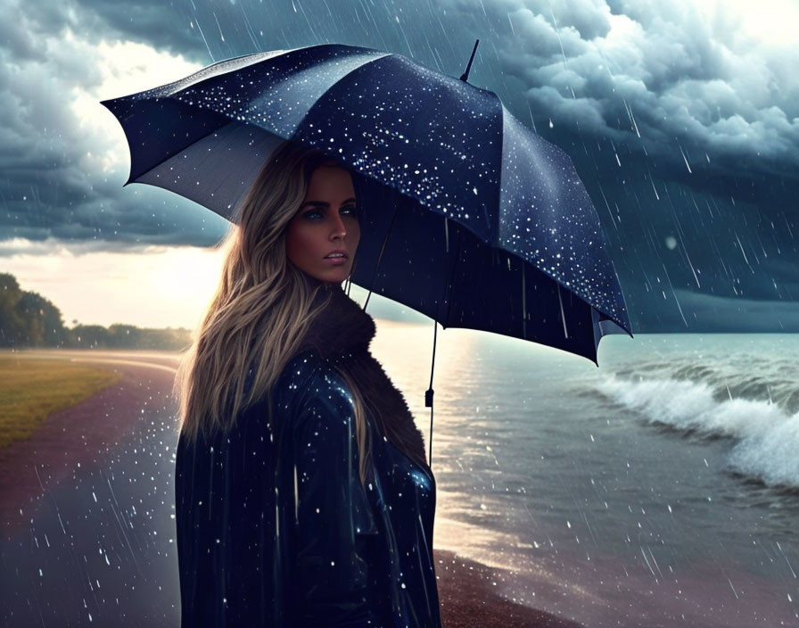 Woman with umbrella at seaside under storm clouds