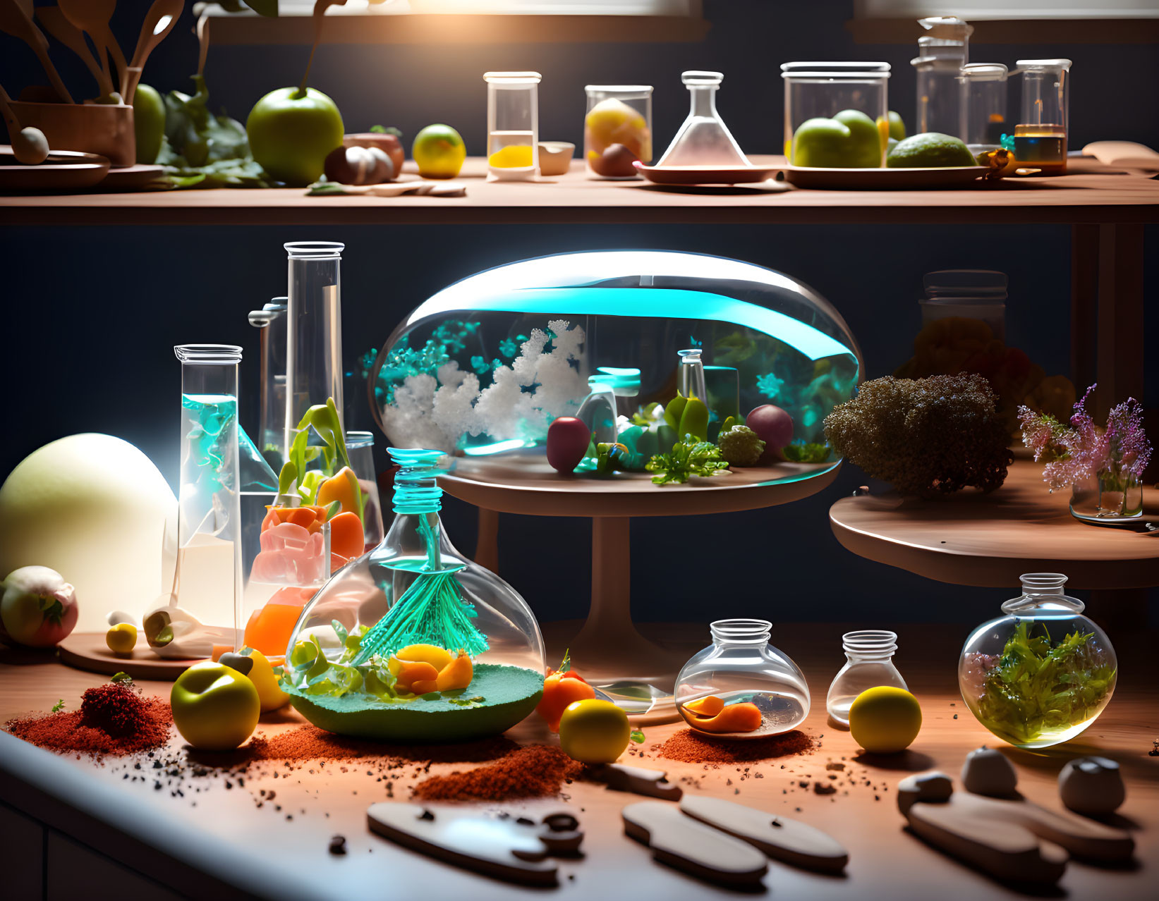 Whimsical kitchen scene with food and ingredients styled like a science experiment