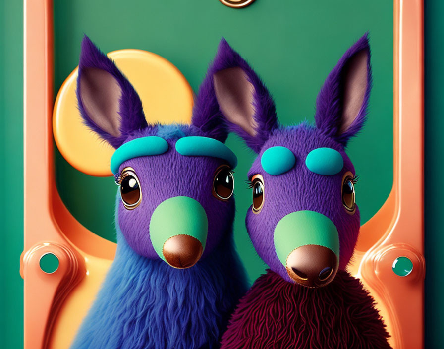 Stylized cartoon kangaroos with purple fur and teal details on green background