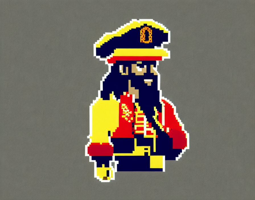 Bearded sea captain pixel art in blue uniform saluting