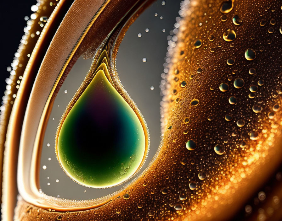 Golden viscous liquid forming droplet with reflection on dark background