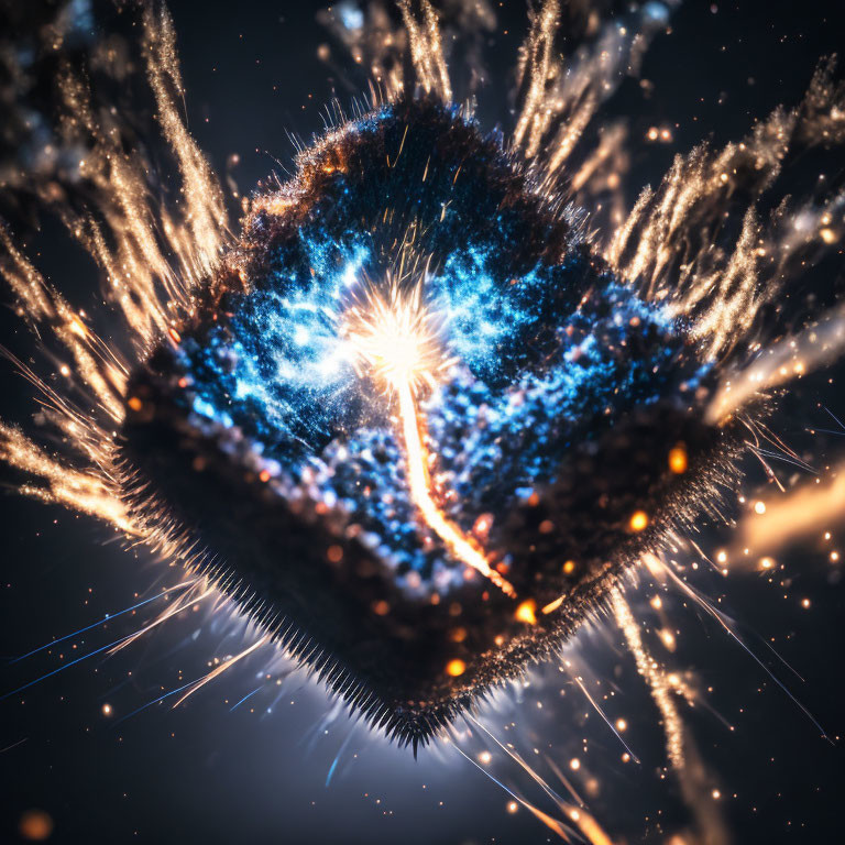 Cube-shaped firework with glittering sparks and light trails on dark background.