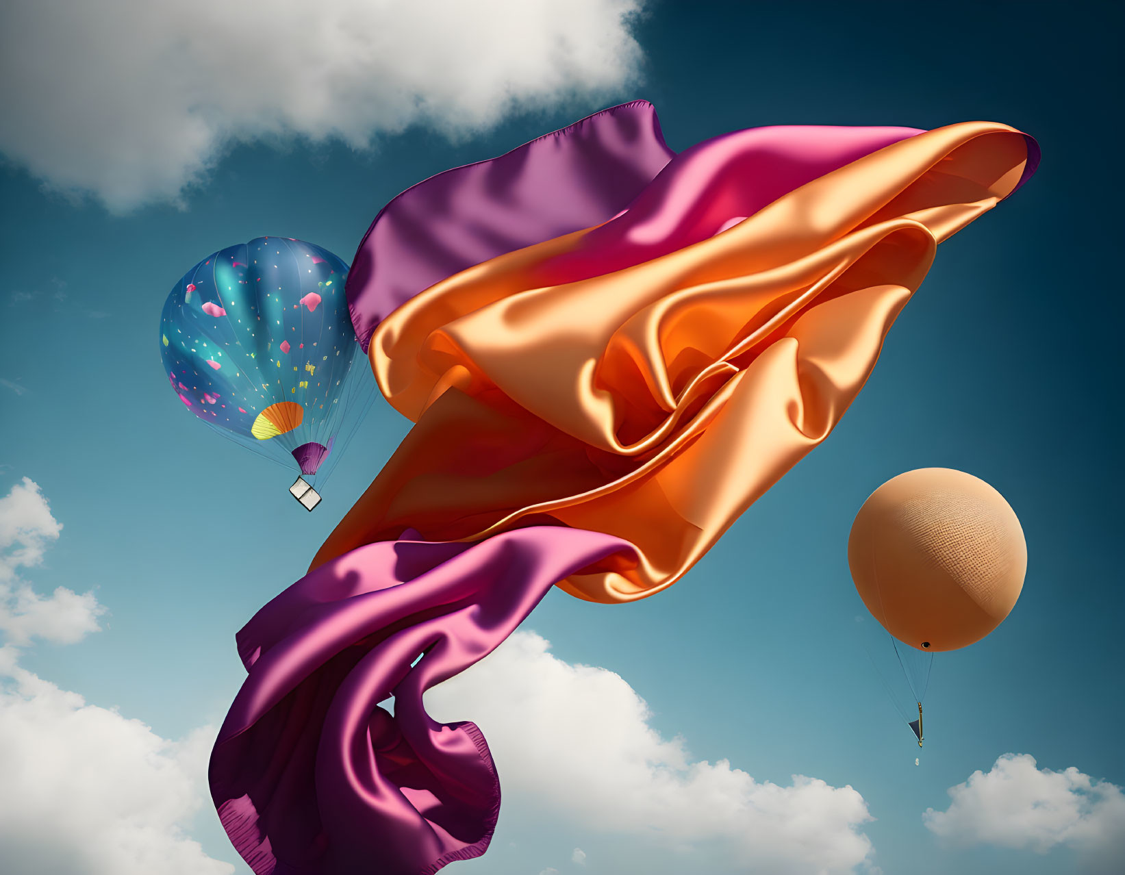 Silk cloth and hot air balloons in blue sky