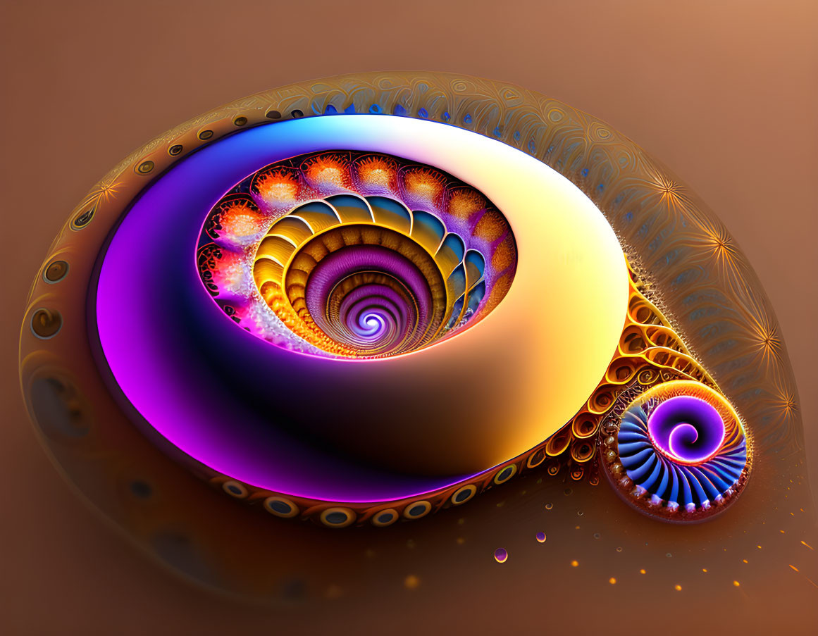 Colorful Fractal Art: Nautilus Shell Spiral in Orange and Purple