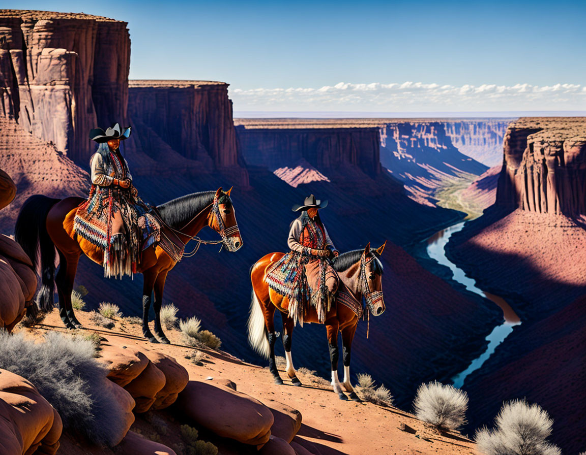 Traditional Western attire: Two people on horseback overlooking canyon and river under clear sky