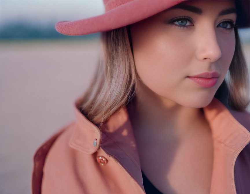 Woman in pink hat and coat with subtle makeup, serene expression at dusk