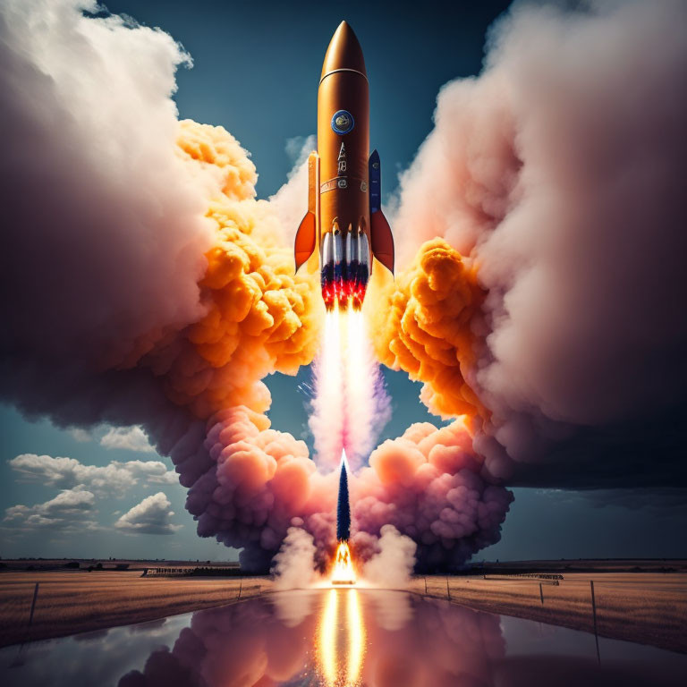 Rocket Launch with Fiery Exhaust Against Dramatic Sky