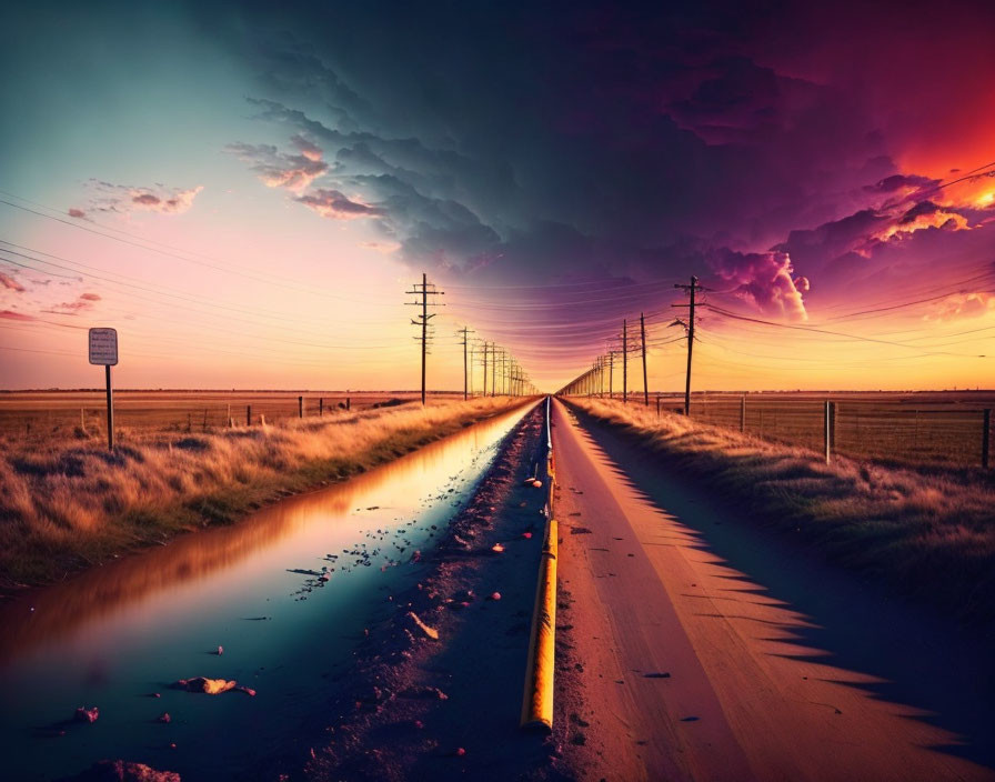 Scenic sunset over straight road with electrical poles, reflecting in puddle, under dramatic sky