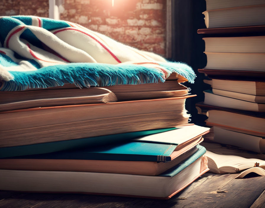 Warm Reading Nook with Hardcover Books & Striped Blanket