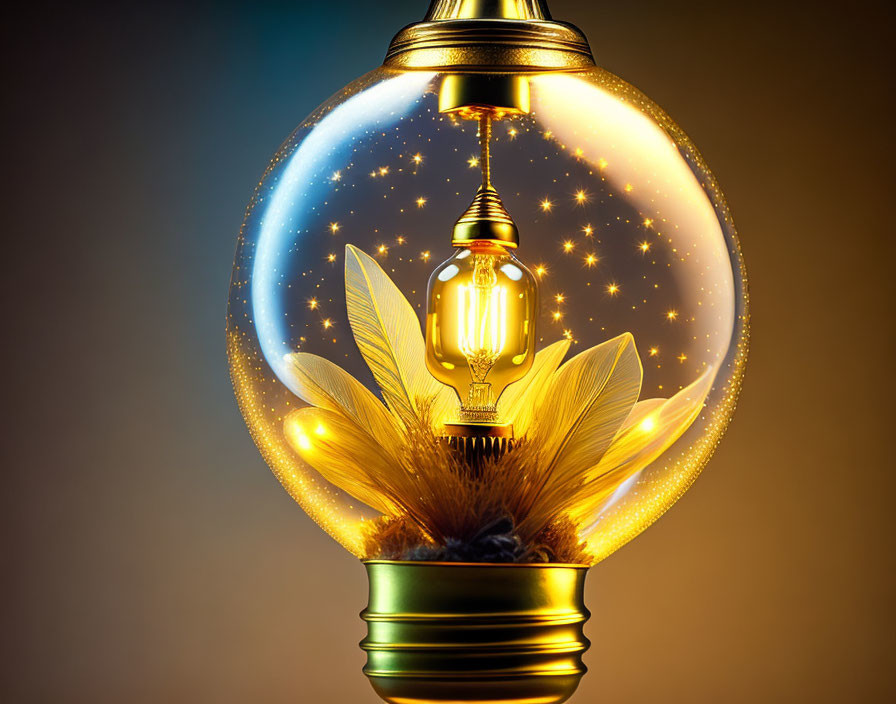 Golden wheat ears and stars in light bulb symbolize ideas and growth.