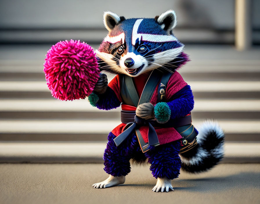 Stylized animated raccoon character in red outfit with pink pom-pom