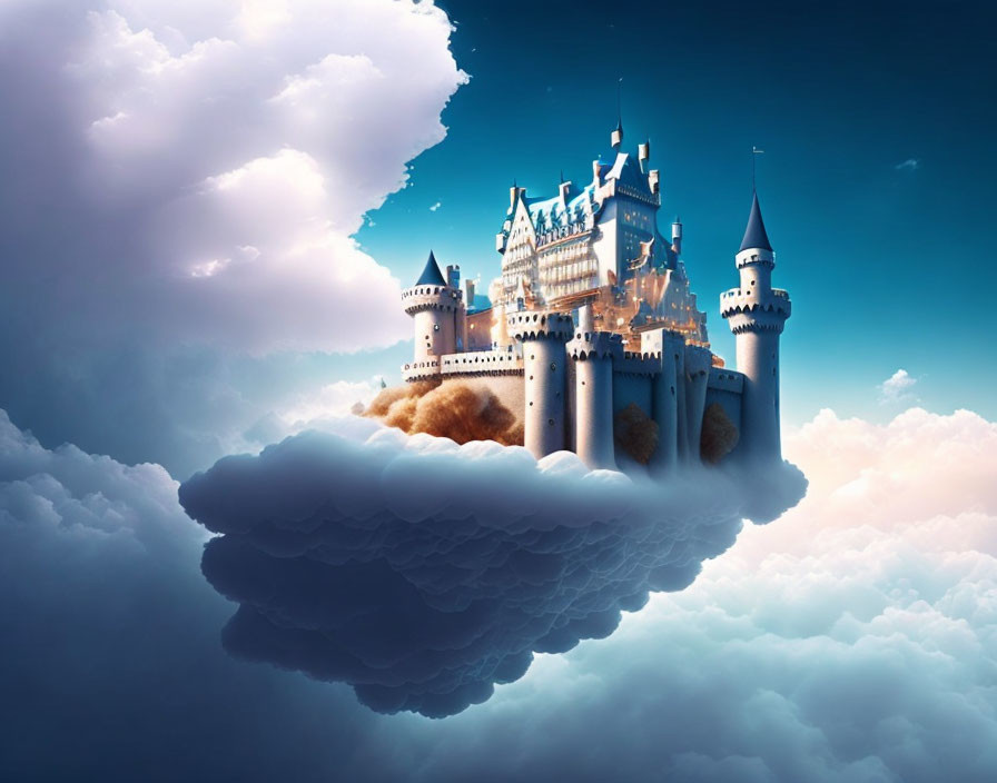 Fantastical castle with multiple towers on a cloud in vibrant blue sky