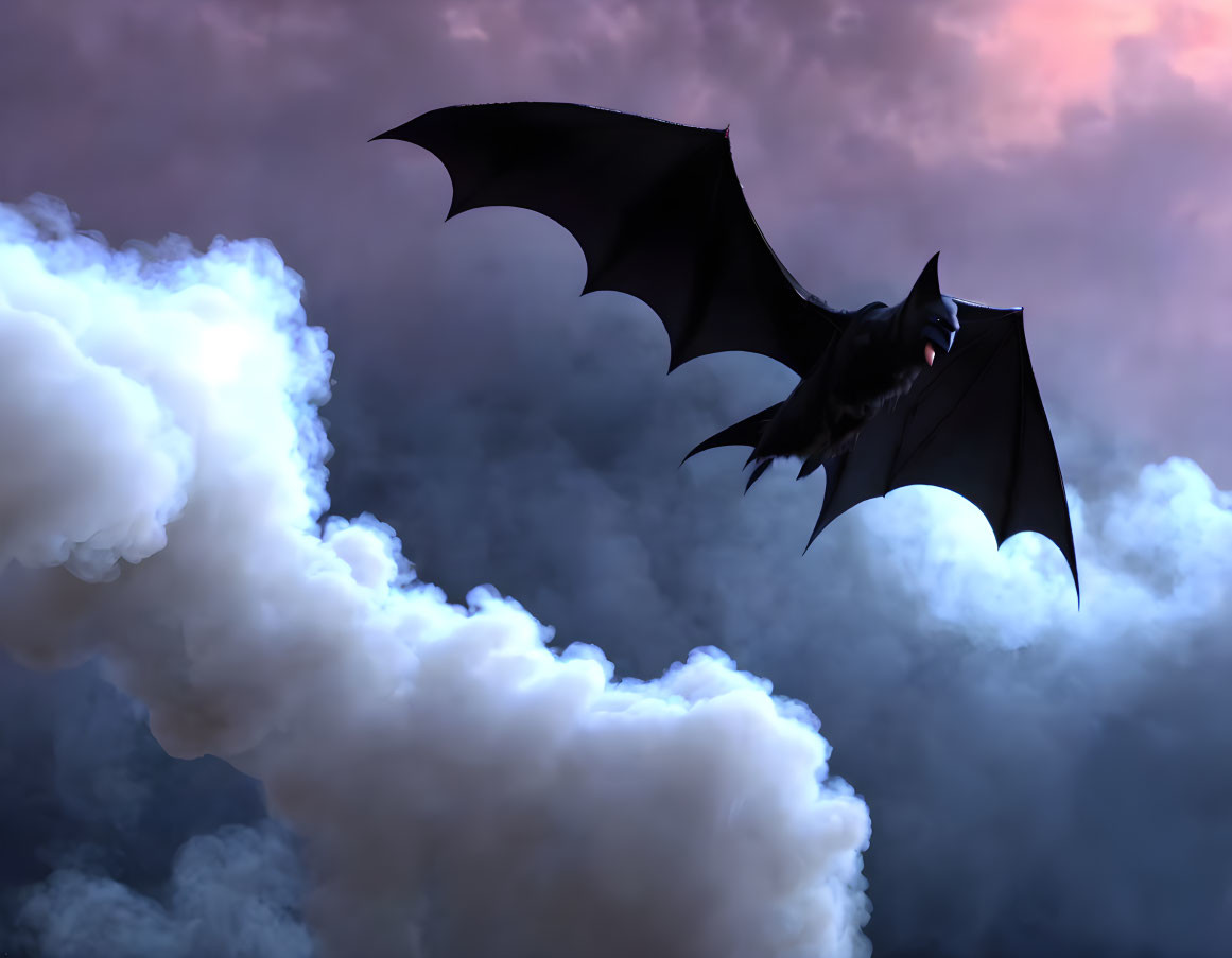 Menacing black dragon in dramatic sky with dark purple clouds