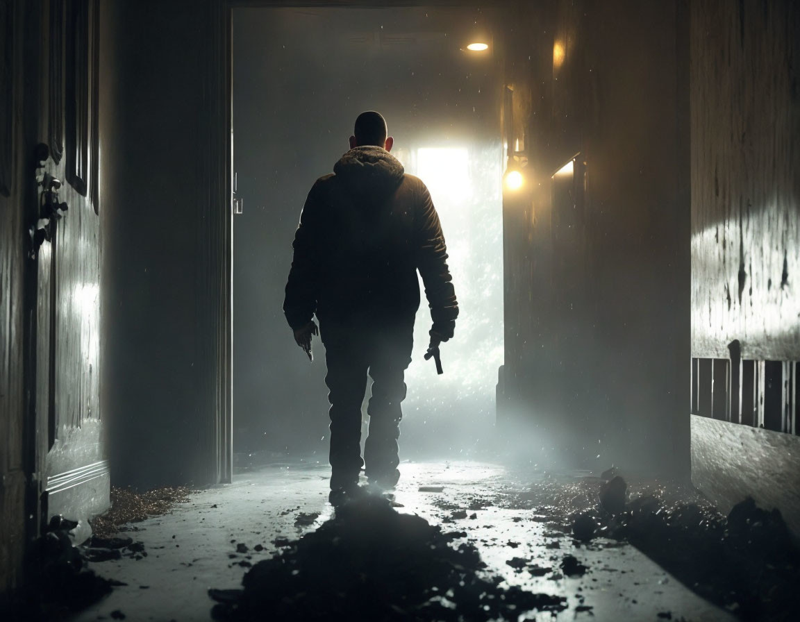 Silhouetted Figure in Dark Corridor Facing Brightly Lit Doorway