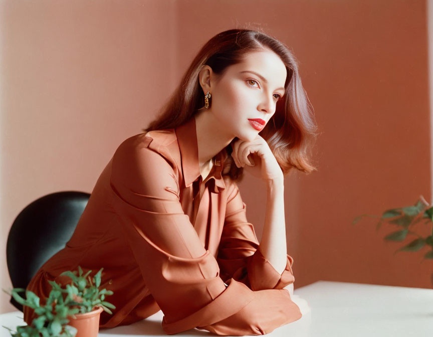 Woman with red lipstick in terracotta blouse against matching background.